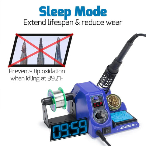 Ready To Roll Soldering Station Kit With 130W Max Power And 926LED V3 showing sleep mode feature and solder tips.