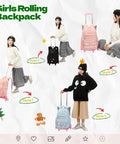 Girls using pink, black, and blue kids rolling backpack with wheels trolley school bag for girls and boys, showing styles 1 to 4.