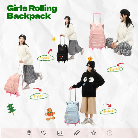 Girls using pink, black, and blue kids rolling backpack with wheels trolley school bag for girls and boys, showing styles 1 to 4.