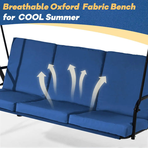 Three Seat Patio Swing With Removable Cushions And Adjustable Weather Resistant Canopy For Backyard Porch And Garden In Blue Fabric Seat For Outdoor Chill And Lounging with breathable Oxford fabric bench.