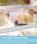 Person placing sandwich in leakproof clear toiletry bag on fridge shelf, SPLF label visible, showcasing BPA free travel cosmetic bags.
