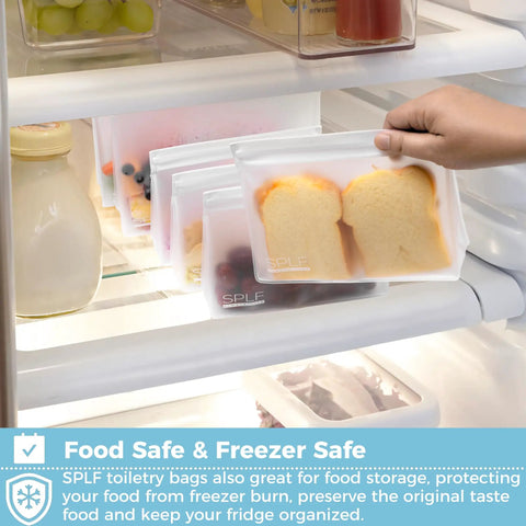 Person placing sandwich in leakproof clear toiletry bag on fridge shelf, SPLF label visible, showcasing BPA free travel cosmetic bags.