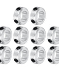 Aluminum Shaft Collar Set Screw Clamping Style, 12mm and One Half Inch Bore, Silver Finish, 10 Pack, arranged on white background