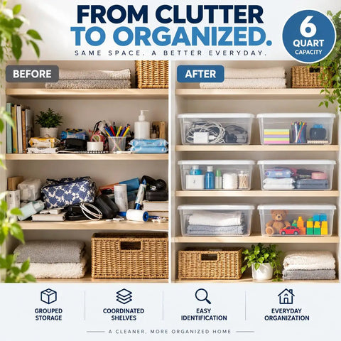 Clear Plastic Storage Bins With Tight Snap On Lids 6 Quart Stackable Boxes organized on shelves for tidy home setup.