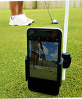 Hands Free Golf Phone Holder Clip For Golf Carts And Clubs With 360 Degree Rotating Swing Cam Mount showing golfer filming swing