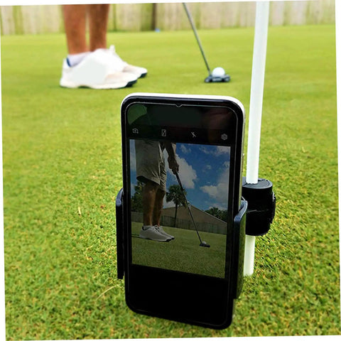 Hands Free Golf Phone Holder Clip For Golf Carts And Clubs With 360 Degree Rotating Swing Cam Mount showing golfer filming swing