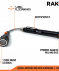 LED magnetic pickup tool with flexible neck, belt clip, and powerful magnet, featuring 3 LED bulbs, ideal for tight spaces and workshops.