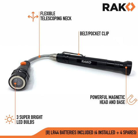 LED magnetic pickup tool with flexible neck, belt clip, and powerful magnet, featuring 3 LED bulbs, ideal for tight spaces and workshops.