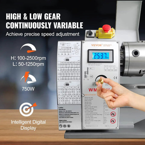 Premium Benchtop Metal Lathe With A Beefy 750W Brushless Motor And Cruising 0 To 2500 RPM Variable Speed control panel.