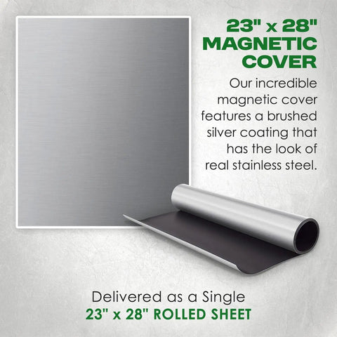 23x28 Magnetic Dishwasher Door Cover In Brushed Silver Hide Dents And Scratches Easy Fit For Magnetic Fronts Durable Stainless Steel Look shown rolled and flat