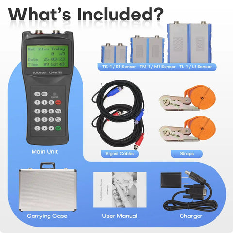 Portable Ultrasonic Clamp On Flow Meter Kit For Liquid Measurement With 3 Transducer Sets Small Medium Large DN15 To DN6000 Pipe Range RS232 Data Logging Non Invasive Water Flow Meter On The Go, with main unit, sensors, cables, straps, case