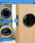Round Low Profile Door Knob With Hidden Recessed Cup Lock installed on a wooden door, includes cup lock detail, flush design
