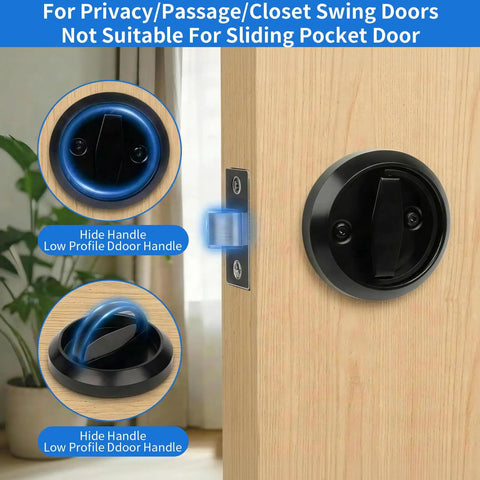 Round Low Profile Door Knob With Hidden Recessed Cup Lock installed on a wooden door, includes cup lock detail, flush design