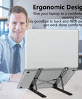 Go-To Adjustable Laptop Stand Desk Ergonomic Riser Elevates From 2.78 To 6.5 Inches supporting a laptop in office setting