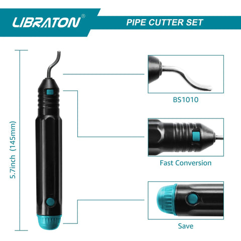 Black and blue pipe cutter tool with measurements and specifications, labeled BS1010, showing close-up details.
