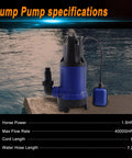 Submersible Sump Pump 1100W High Flow 4000 GPH for pool pond roof drainage with hose and cord on poolside