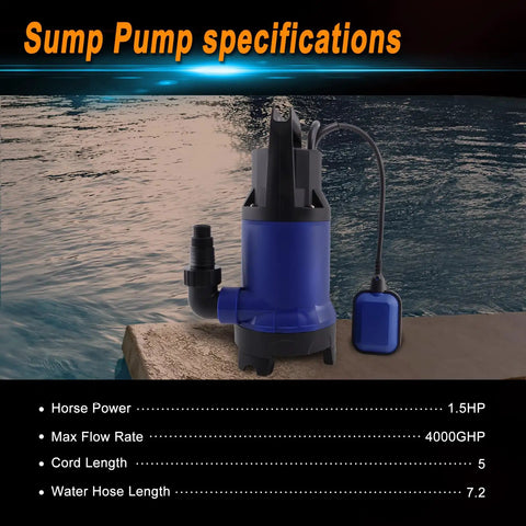 Submersible Sump Pump 1100W High Flow 4000 GPH for pool pond roof drainage with hose and cord on poolside