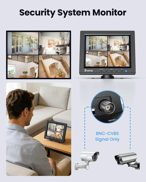 8-Inch Security Camera Monitor With HDMI VGA BNC AV USB Inputs showing surveillance images, used on a table with built-in speakers.