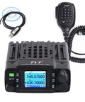 Dual Band 25 Watt Ham Radio Base Transceiver With IP67 Waterproof Build For Home And On The Go 144 148 MHz VHF And 420 450 MHz UHF Easy PC Programming Back Port Front Microphone Access Cable Included displayed with accessories.