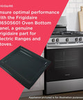 Bottom Panel Replacement For Electric Ranges And Stoves, Black, Built Tough, Easy Install next to a modern oven in a kitchen.