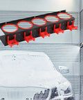 Rock Solid Iron Spray Bottle Storage Rack Featuring Five Heavy Duty Industrial Hooks mounted on a wall, holding spray bottles for car detailing.
