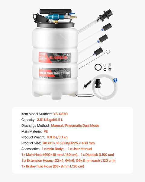 Pro Grade 9.5 Liter Fluid Extractor Pump With Pneumatic Manual Switch And Iron Clad No Drip Seal For Swift Oil Swaps On Cars Trucks Boats Lawnmowers Features Extra Long 59 Inch Hose And Three 47 Inch Extension Tubes with clear view of accessories.