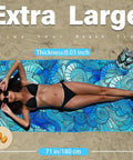 Woman sunbathing on Ultra Thin Lightweight Microfiber Beach Towel With Carry Strap Sand Free Quick Dry Absorbent Compact