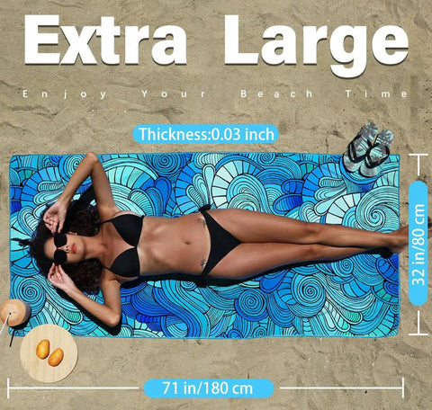 Woman sunbathing on Ultra Thin Lightweight Microfiber Beach Towel With Carry Strap Sand Free Quick Dry Absorbent Compact