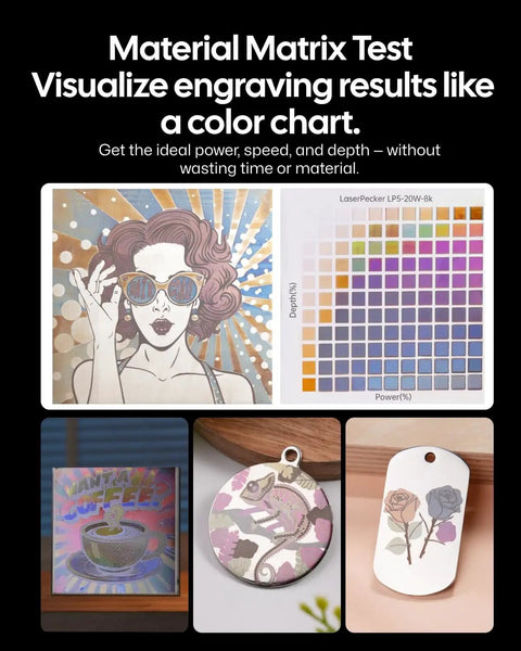 Color chart and engraved items using 20W Dual Fiber And Diode Laser Engraver Ultra Portable 6Kg 3D Grayscale And Color Engraving