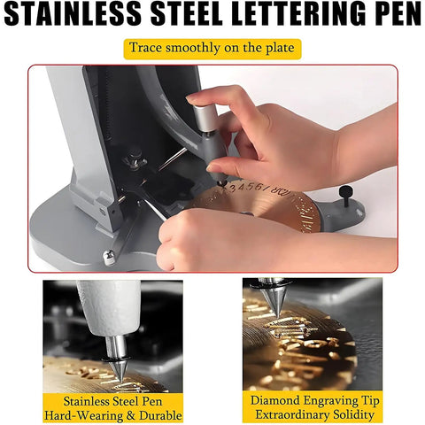 Premium Quality Heavy Duty Inside Ring Engraver Double Sided Dial Stamp with Stainless Steel Lettering Pen in use.