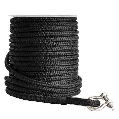 3/8 Inch Nylon Double Braided Anchor Line With Stainless Steel Thimble, 100Ft Black Marine Rope for Boats Up To 27 Feet
