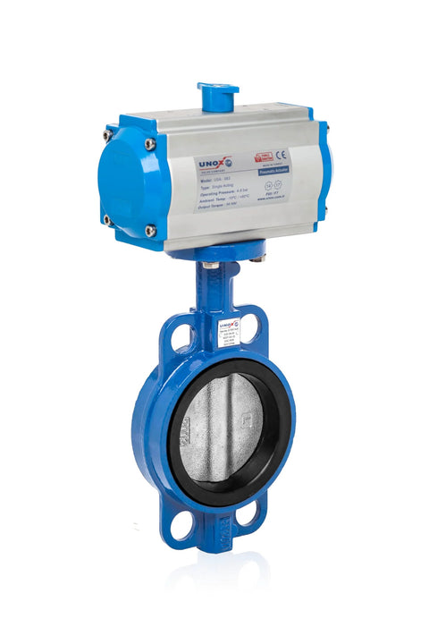 UNOX pneumatic butterfly valve, front view, wafer DN125, blue actuator and body, stainless steel disc with EPDM seat