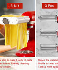 Jovan Home 3 In 1 Pasta Maker Attachment For Kitchenaid Stand Mixers with pasta strands being cut and three attachment pieces.