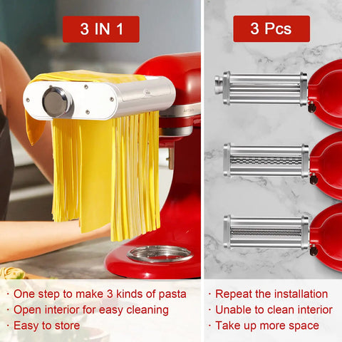 Jovan Home 3 In 1 Pasta Maker Attachment For Kitchenaid Stand Mixers with pasta strands being cut and three attachment pieces.