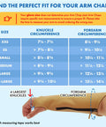 Tough As Nails Genuine Cowhide Leather Arm Sleeves With Extended Elbow Guards sizing chart with arm measurement guidelines.