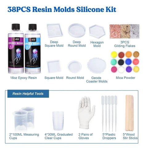 Coaster Making Kit With Epoxy Resin 16oz Molds Mica Powder Gold Flakes Mixing Cups Gloves And More The Ultimate DIY Resin Kit
