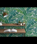 Heavy Duty Tropical Leaf Exotic Textured Vinyl Wallpaper, Slick Leather Finish Wall Covering For Walls, commercial use with green leaf design.