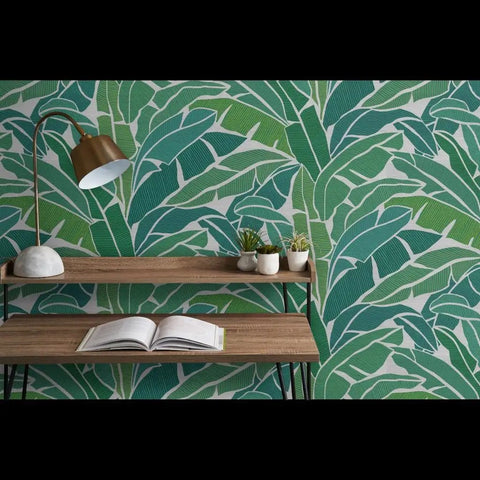 Heavy Duty Tropical Leaf Exotic Textured Vinyl Wallpaper, Slick Leather Finish Wall Covering For Walls, commercial use with green leaf design.