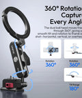 Aluminum Magnetic Phone Tripod Mount MA56 With 1/4 Inch Screw And Arca Base showing 360° rotation and tilt features