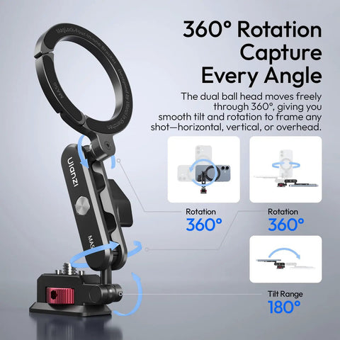 Aluminum Magnetic Phone Tripod Mount MA56 With 1/4 Inch Screw And Arca Base showing 360° rotation and tilt features