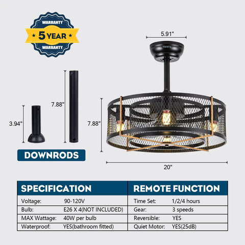 Diagram of 20 Inch Farmhouse Ceiling Fan With Lights Remote Control Black Industrial Cage Style Dope Reversible Motor
