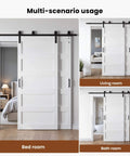 White 40x84 Inch Double Sliding Barn Door Set With 5 Panel MDF Doors, 6 Foot Bypass Hardware Kit shown installed in bedroom