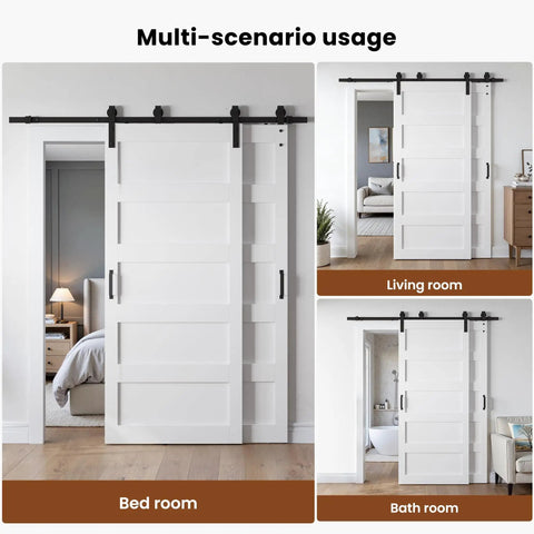 White Double Barn Door Set 36 By 84 Inches, 5-Panel MDF Sliding Doors With 6 Foot Bypass Hardware Kit in bedroom, living room, bathroom.
