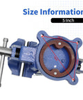Top view of 5 Inch Ductile Iron Bench Vise with 360 Degree Swivel Lock Base showing size details and dimensions.