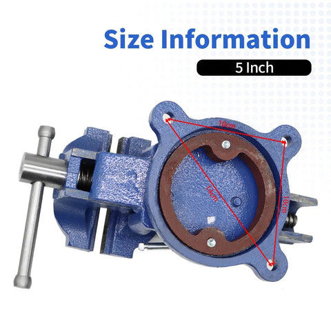 Top view of 5 Inch Ductile Iron Bench Vise with 360 Degree Swivel Lock Base showing size details and dimensions.