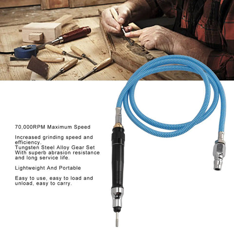 Badass Pneumatic Pencil Die Grinder For Metalwork With Slick Operation And 7000 Rpm Torque Includes Ten Durable Grinding Bits, shown with blue hose for detail work.