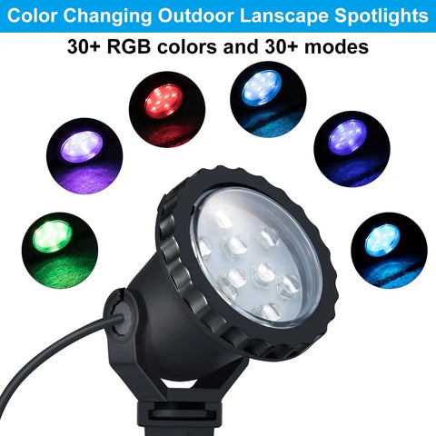 Outdoor RGB Color Changing Spotlight Kit With Remote, 120V Plug In LED Landscape Lights IP66 Waterproof, 4 color modes shown