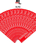 Sixteen red warning labels displaying 'Photovoltaic Power Source' for PV Solar System Warning Labels Pack For Photovoltaic Power Source Peel And Stick Outdoor Grade Vinyl UV Resistant Up To Five Years Five And Three Quarters By One And One Eighth Inches Polyester Film Lamination NEC Standard Pack Of Sixteen.