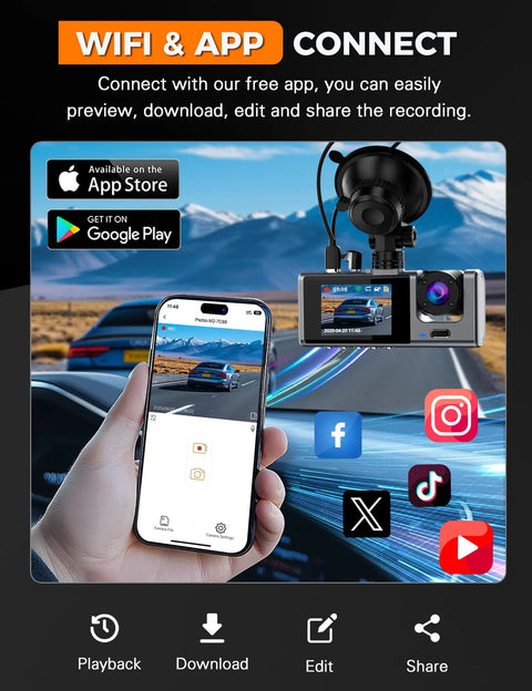 Smartphone with the app interface of 3 Channel WiFi Dash Cam With Front, Rear And Cabin Cameras, 2.5K Plus 1080P Front And Inside Footage