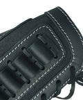 Close-up of rugged leather canvas buttstock with shell holder sling for 12 gauge shotgun in black, stitching detail visible.